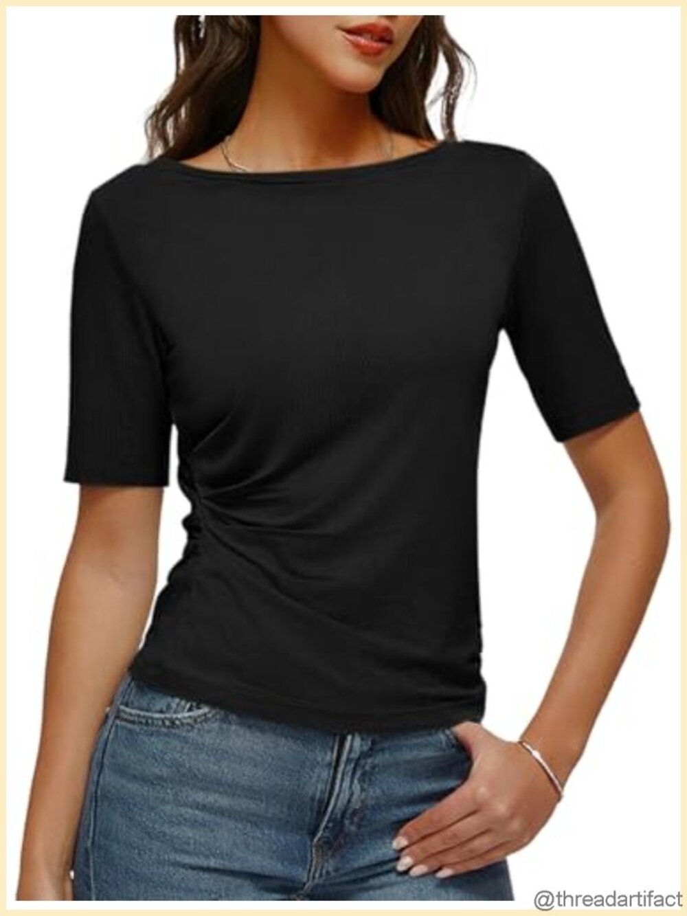 Women's Cotton Modal Ruched Fitted Short Sleeve Boat Neck T-Shirt